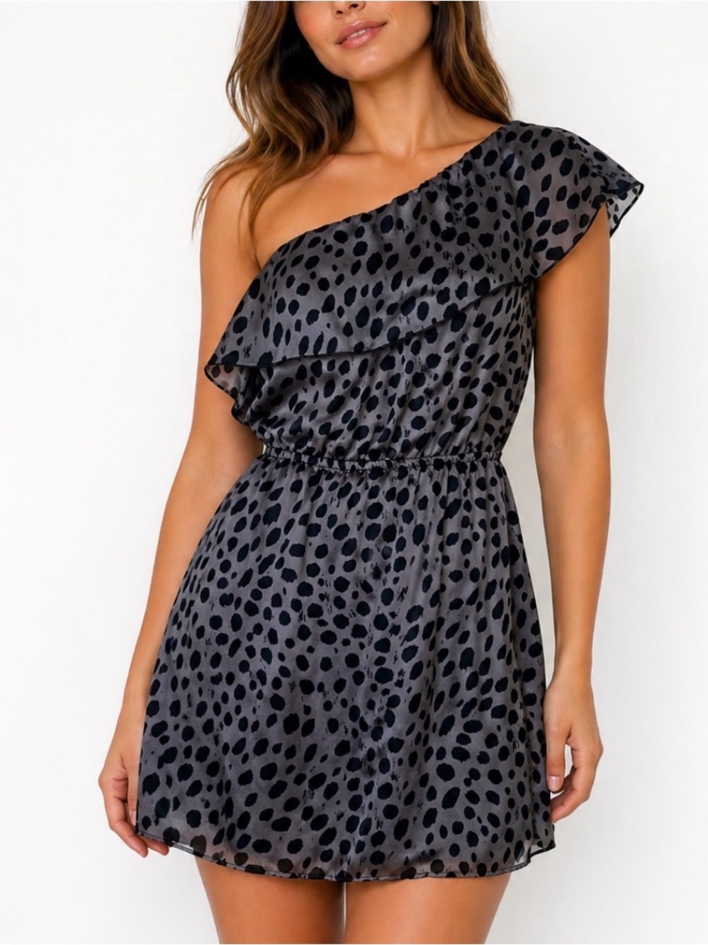 Lovely Day One-Shoulder Grey Dress with Black Spot Print ruffle top SZ Sm
